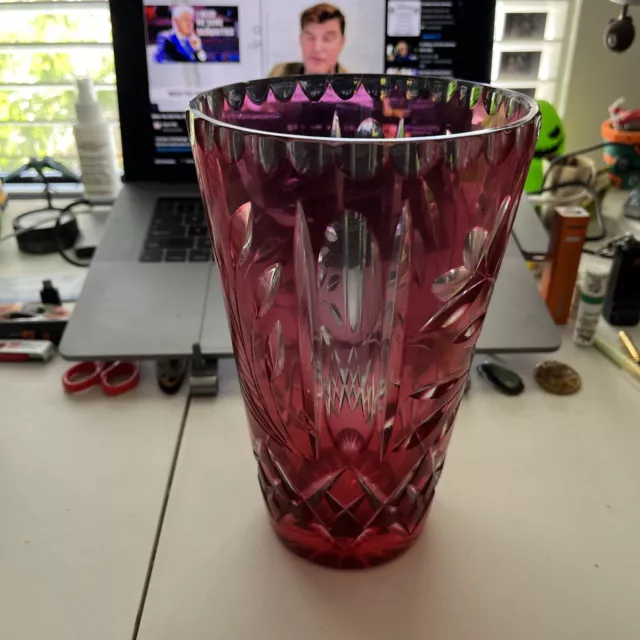 https://www.picclickimg.com/8CQAAOSwQMBlHHra/Large-Vintage-Bohemian-Glass-Crystal-Vase-Cranberry-Cut-to-Clear.webp