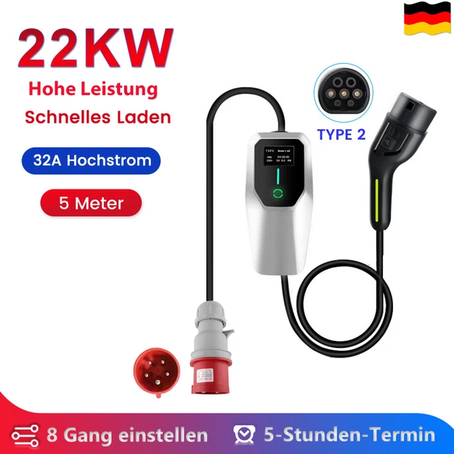 Caricabatterie EV portatile tipo 2 3 cavo di ricarica commutabile CEE LCD EVSE 32A 22KW 5M EU