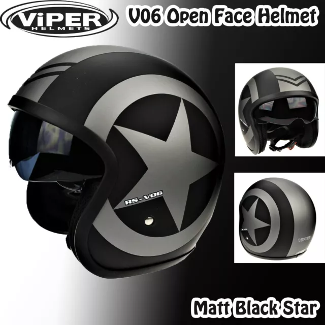 VIPER OPEN FACE MOTORBIKE CHOPPER SCOOTER TOURING JET HELMET V06 Matt Black Star