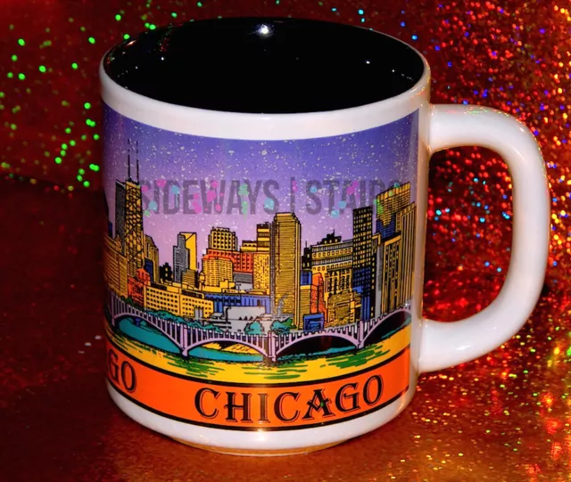 VINTAGE CHICAGO SKYLINE MUG colorful night diamond building sears tower 90s rare