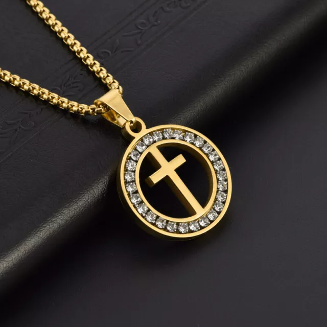 Men Women CZ Cross Necklace Stainless Steel Round Pendant Chain Jesus Gift