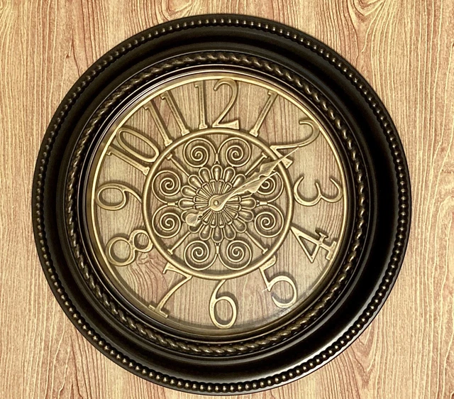 Large Boho Wall Clock Dark Brown Gold Braid Detail Gold Numbers & Hands 20"