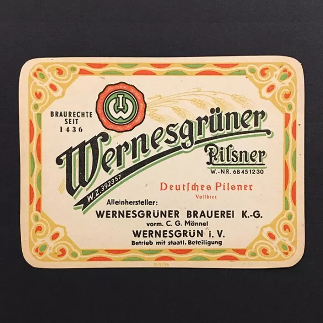 Germany Wernesgruner Pilsner bier vintage beer label 1950s