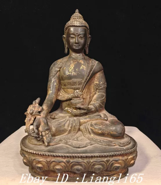 8.6" Bronze Gilt Buddhismus Menla Medizin Buddha Medizinische Gott Statue