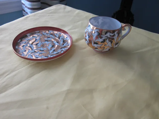 Vtg Kutani Egg shell porcelain-geisha lithophane-crane-gold- cup and saucer