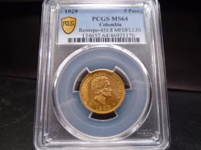 1929 MS64 Columbia Gold 5 Pesos Restrepo-455.8 MFDFLLIN PCGS Certified - Shield