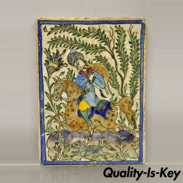 Antique Persian Iznik Qajar Style Ceramic Pottery Tile Horse Rider Hunt Scene C1