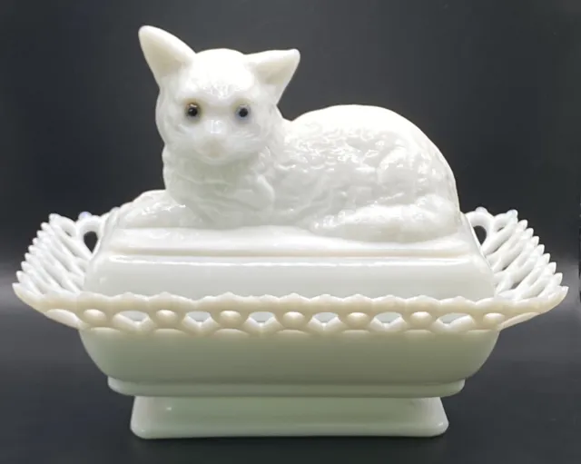 Westmoreland Milk Glass Cat Rectangular Covered Dish Lacey Edge Blue Glass Eyes