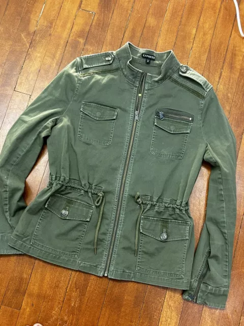 Express Womens Medium Army Green military Jacket Y2K Cargo Shirt Long Sleeve Zip