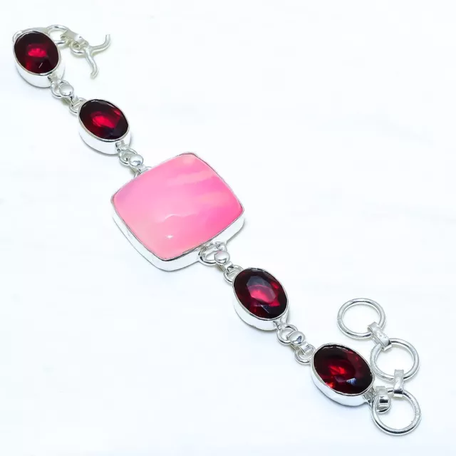 Rosa Ágata Rayada, Gema Granate Plata Joyería Pulsera 17.8-20.3cm BRJR3611