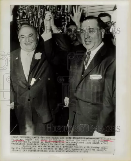 1955 Press Photo Richard Daley and Morris Sachs celebrate victory in Chicago.