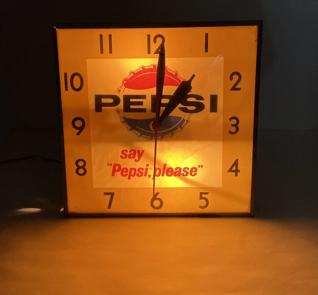 Vintage Say Pepsi Please Lighted Square Clock Bubble Glass, Clock Works Light