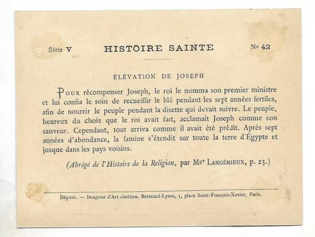 Elévation de Joseph  -- Histoire Sainte - Chromo - Trade card 2