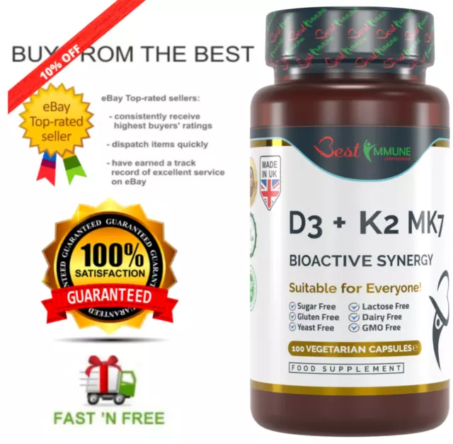 Natural Vitamin D3 2000IU K2 MK7 100mcg 100 Pharmaceutical Grade Capsules