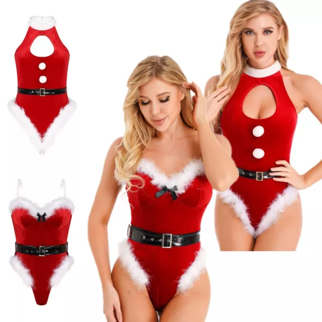 iEFiEL Noël Femme Ensemble Costume Mère Noël Femme Body String Velours Erotique