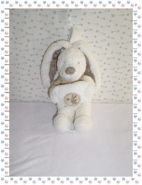 D - Doudou Peluche Musicale Lapin Blanc Taupe Coussin Broderies  Pommette