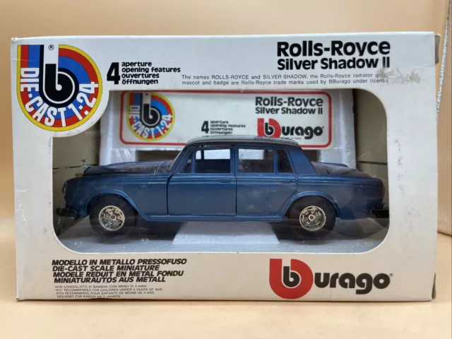 Burago Royce Rollen 1/24 Maßstab Druckguss verpackt Modellauto Silver Shadow II blau