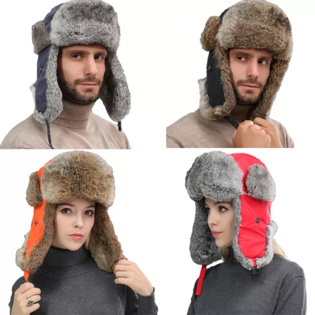 Real Fur Trapper Hats Real Rabbit Fur Warm Ushanka Russian Hunting Caps Unisex