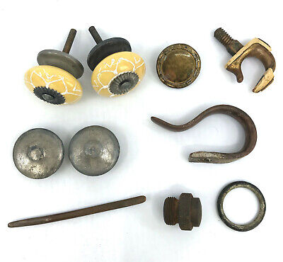 Hardware Mixed Lot of 13 pc Ceramic Knobs Brass Hooks Metal Rosettes Vintage
