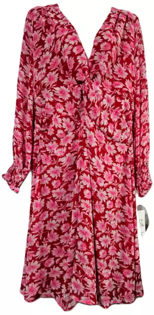 JULIA JORDAN Red Pink Floral Dress V Neck Size 16 Fit & Flare Long Sleeve NWT 2