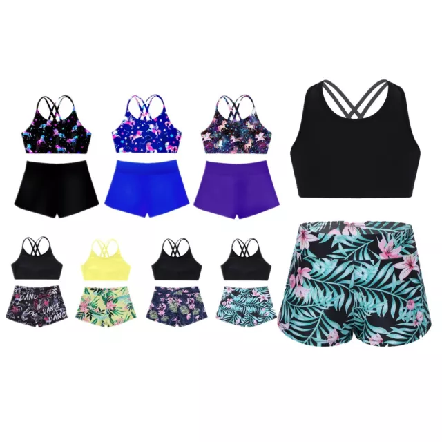 2Pcs Kids Girls Dance Outfits Gym Workout Yoga Sport Cropped Tops+Shorts Set