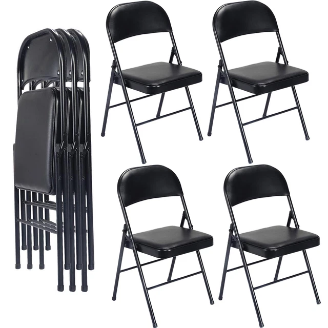 Padded Seat Vinyl Folding Chair for Home Office Wedding Party (4 Pack), Black