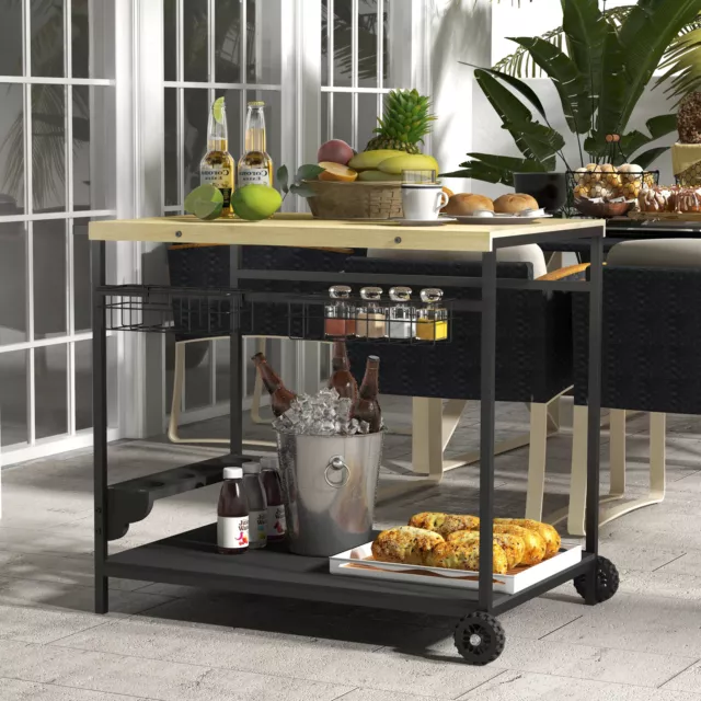 Outsunny Servierwagen Barbecue Trolley Gartenrollwagen mit 2 Ebenen Natur