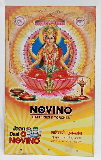 Vecchio Vintage Novino Batteria Divinità Laxmi Pubblicità Litho Stampa Latta IN