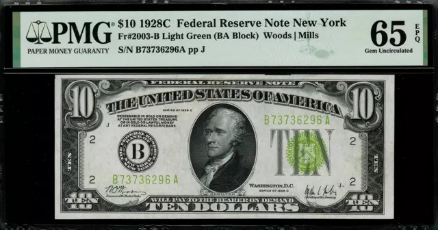 1928C $10 Federal Reserve Note New York FR 2003-B Light Green Seal - PMG 65 EPQ