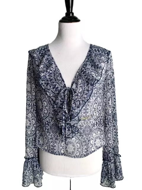 Band Of Gypsies Blouse Women’s Med Blue print Boho semi-sheer bell sleeve top