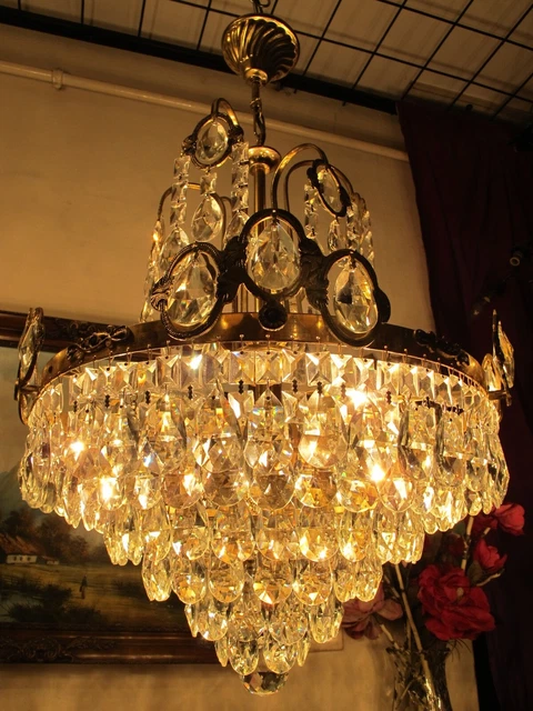 Antique Vintage French Basket Swarovski Crystal Chandelier Lighting 1960s 17 in
