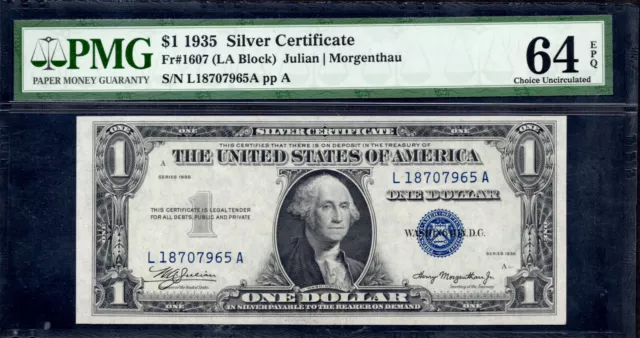 UNITED STATES 1935 $1 Silver Certificate. FR#: 1607 (DOUBLE DATE). PMG: 64 EPQ.