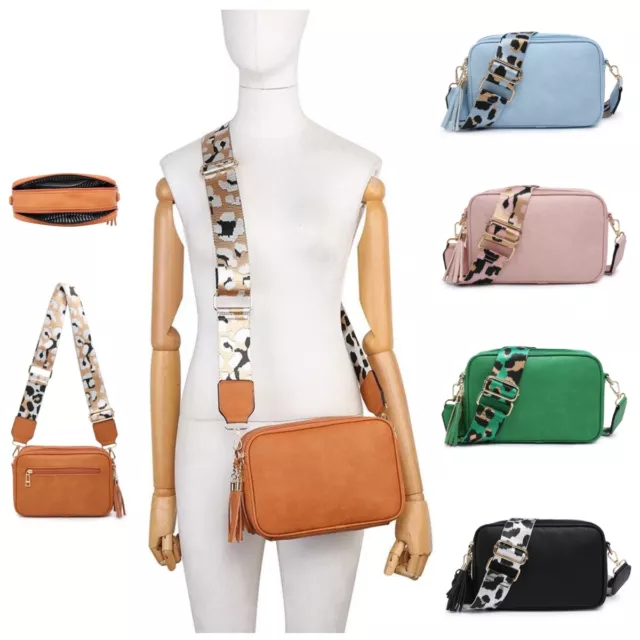 Plain front Lady Faux Leather Small Cross Body Shoulder Bag Leopard Canvas Strap