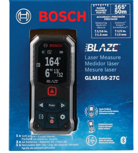 Bosch GLM165-27C 165' BLAZE Ergonomic Cordless Red Laser Measure w/Bluetooth