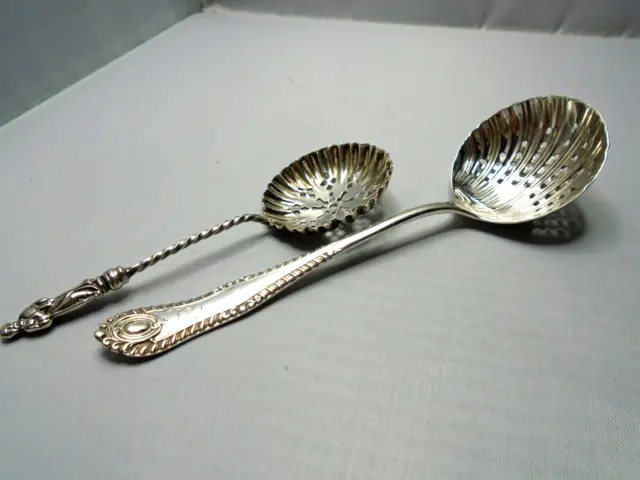 2 x Antique Solid Silver Sugar Sifting Spoons Sheffield 1903 and Birmingham 1897