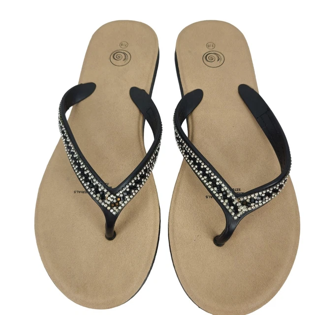 Womens Rhinestone Jelly Flip Flops Thong Sandals Black Silver Size 7/8