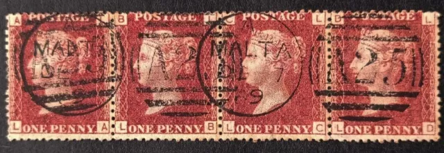 GB Queen Victoria Penny Red SG.43 Pl.146 Used Stripe Of 4 Cds A25 Malta 1869 VF