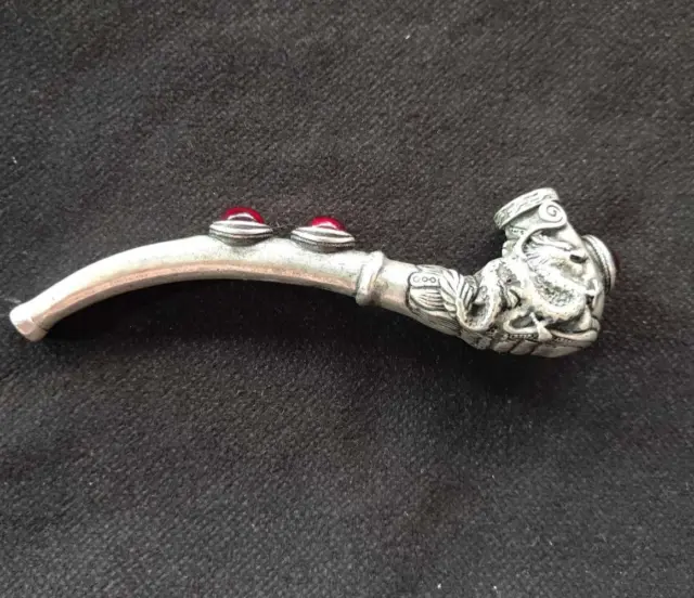 Collectible copper old tibet silver carved dragon inlay zircon smoking pipe