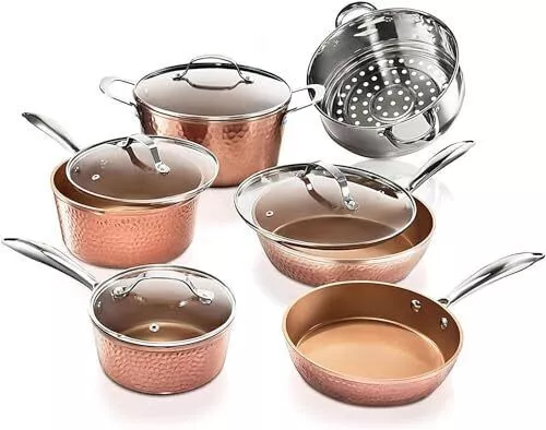 Steel Hammered Copper 10 Pc Pots and Pans Set Non Stick Cookware Set