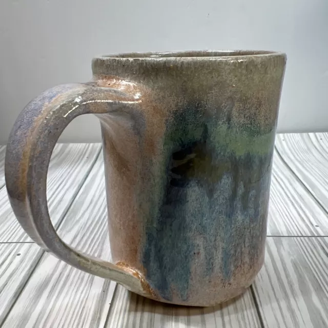 Artist Signed Hand Made Pottery Coffee Mug Cup Brown Blue Drip Glaze Stoneware 3