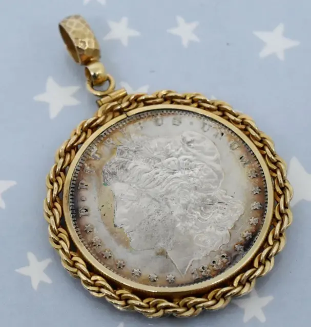 1883 Morgan Silver Dollar Enamele Back In 12K Gold Filled Rope Pendant Mounting
