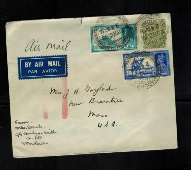 1938 Madura India Airmail cover to West Brookfield MA USA