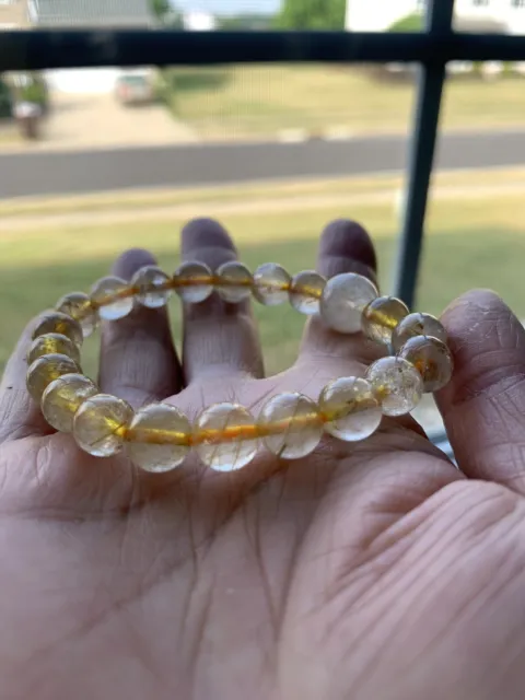 Special Natural Yellow-Haired Crystal (Rare Mineral) Beads bracelet, Bead 0.4In