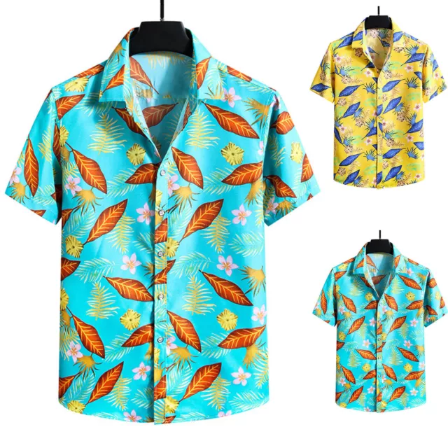 Mens Summer Hawaii  Large Size Lapel Printed Turndown Collar Casual Loose Short