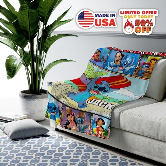 Personalized Stitch Fleece Blanket, Custom Disney Lilo Stitch Blanket