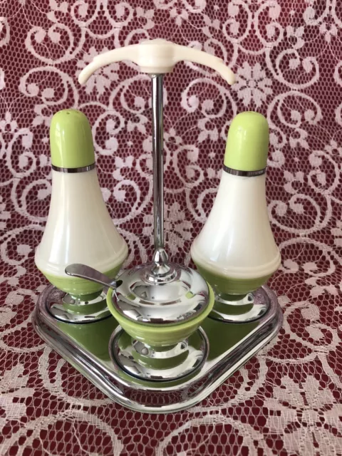 Art Deco Crute stand with salt and pepper shakers and lidded mustard pot