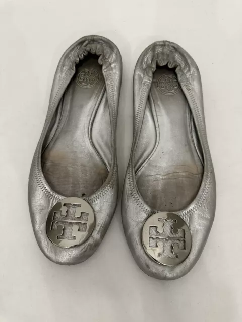 Tory Burch Metallic Silver Reva Leather Ballet Flats 9.5M