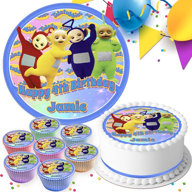 TELETUBBIES BLUE PERSONALISED Birthday Edible Cake Topper & Cupcake
