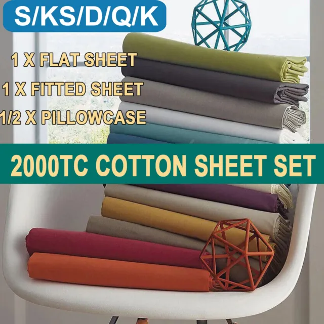 2000TC 100%Egyptian Cotton Flat Fitted Sheet Set Single/KS/Double/Queen/King AU