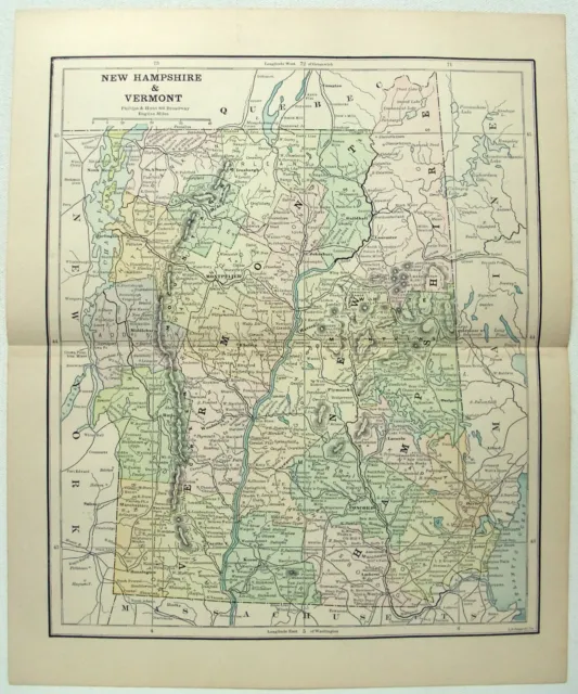 Vermont & New Hampshire - Original 1882 Map by Phillips & Hunt. Antique